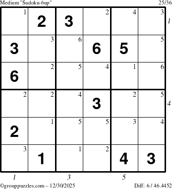 The grouppuzzles.com Medium Sudoku-6up puzzle for Tuesday December 30, 2025, suitable for printing, with all 6 steps marked