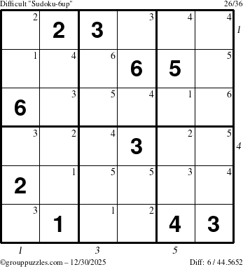 The grouppuzzles.com Difficult Sudoku-6up puzzle for Tuesday December 30, 2025 with all 6 steps marked