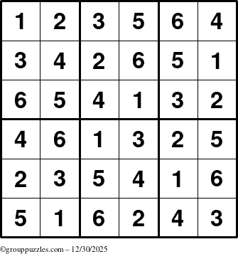 The grouppuzzles.com Answer grid for the Sudoku-6up puzzle for Tuesday December 30, 2025