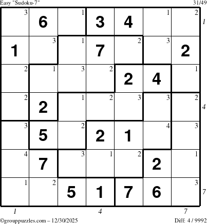 The grouppuzzles.com Easy Sudoku-7 puzzle for Tuesday December 30, 2025 with all 4 steps marked