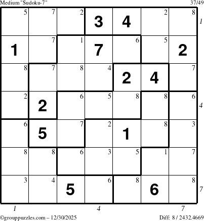 The grouppuzzles.com Medium Sudoku-7 puzzle for Tuesday December 30, 2025, suitable for printing, with all 8 steps marked