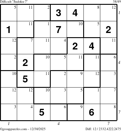 The grouppuzzles.com Difficult Sudoku-7 puzzle for Tuesday December 30, 2025 with all 12 steps marked