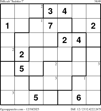 The grouppuzzles.com Difficult Sudoku-7 puzzle for Tuesday December 30, 2025 with the first 3 steps marked