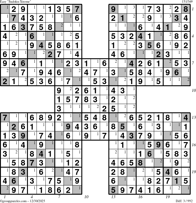 The grouppuzzles.com Easy Sudoku-Xtreme puzzle for Tuesday December 30, 2025 with all 3 steps marked