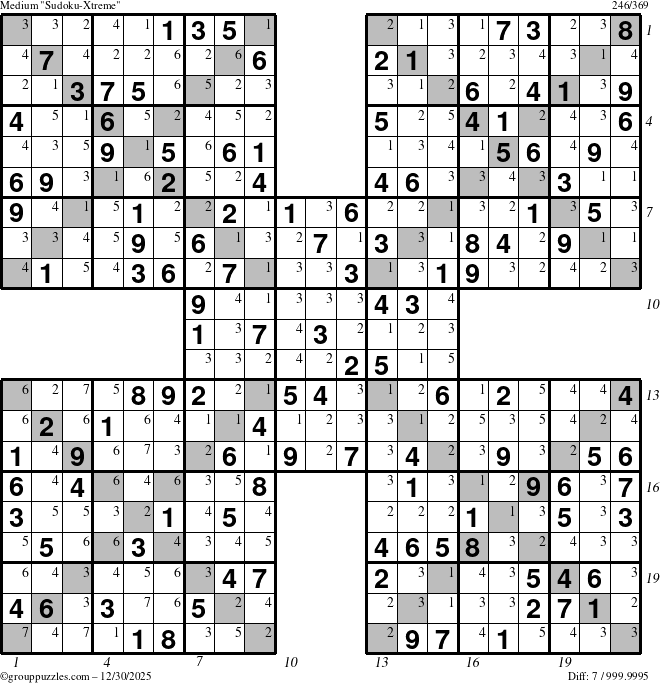 The grouppuzzles.com Medium Sudoku-Xtreme puzzle for Tuesday December 30, 2025, suitable for printing, with all 7 steps marked
