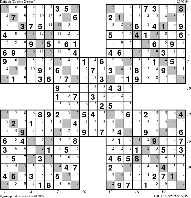The grouppuzzles.com Difficult Sudoku-Xtreme puzzle for Tuesday December 30, 2025, suitable for printing, with all 12 steps marked
