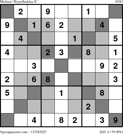 The grouppuzzles.com Medium HyperSudoku-X puzzle for Tuesday December 30, 2025
