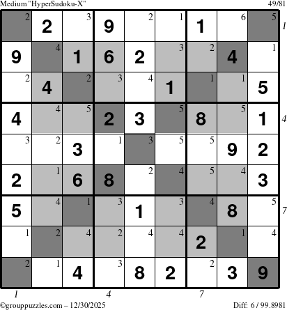 The grouppuzzles.com Medium HyperSudoku-X puzzle for Tuesday December 30, 2025 with all 6 steps marked