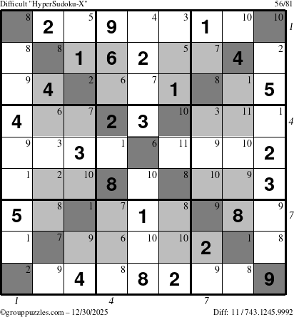 The grouppuzzles.com Difficult HyperSudoku-X puzzle for Tuesday December 30, 2025 with all 11 steps marked