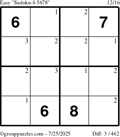 The grouppuzzles.com Easy Sudoku-4-5678 puzzle for Friday July 25, 2025 with the first 3 steps marked