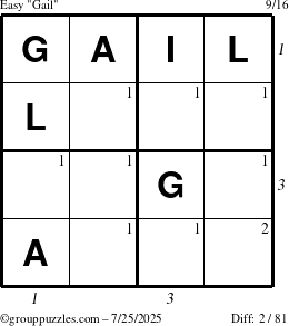 The grouppuzzles.com Easy Gail puzzle for Friday July 25, 2025 with all 2 steps marked