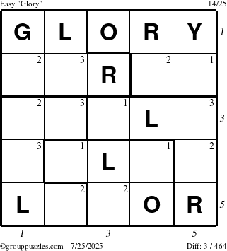 The grouppuzzles.com Easy Glory puzzle for Friday July 25, 2025, suitable for printing, with all 3 steps marked