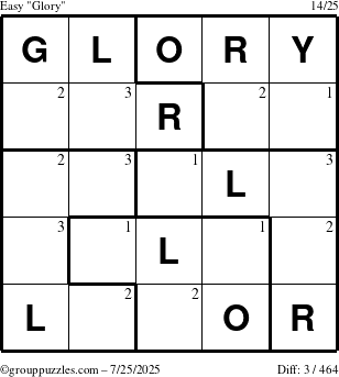The grouppuzzles.com Easy Glory puzzle for Friday July 25, 2025 with the first 3 steps marked