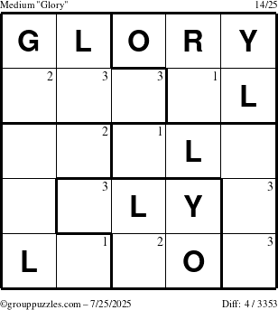 The grouppuzzles.com Medium Glory puzzle for Friday July 25, 2025 with the first 3 steps marked