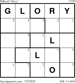 The grouppuzzles.com Difficult Glory puzzle for Friday July 25, 2025 with the first 3 steps marked