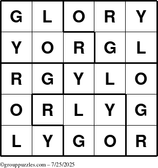 The grouppuzzles.com Answer grid for the Glory puzzle for Friday July 25, 2025