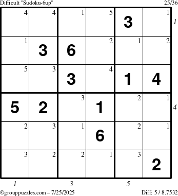 The grouppuzzles.com Difficult Sudoku-6up puzzle for Friday July 25, 2025 with all 5 steps marked