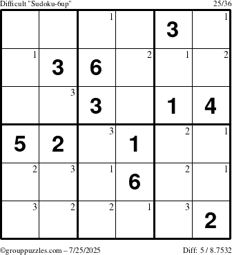 The grouppuzzles.com Difficult Sudoku-6up puzzle for Friday July 25, 2025 with the first 3 steps marked
