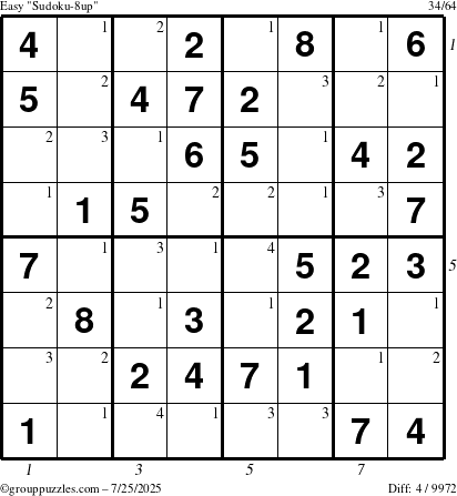 The grouppuzzles.com Easy Sudoku-8up puzzle for Friday July 25, 2025 with all 4 steps marked