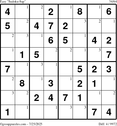 The grouppuzzles.com Easy Sudoku-8up puzzle for Friday July 25, 2025 with the first 3 steps marked