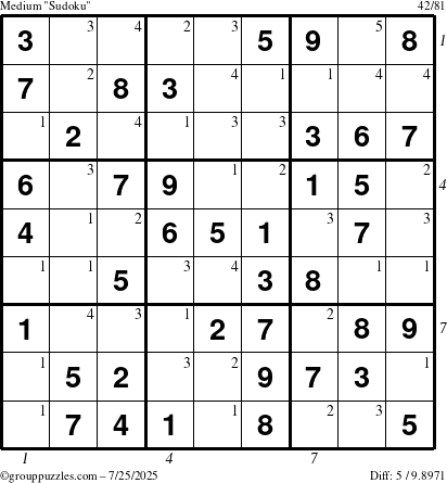 The grouppuzzles.com Medium Sudoku puzzle for Friday July 25, 2025 with all 5 steps marked