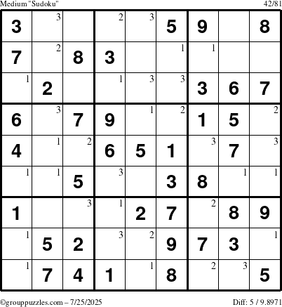 The grouppuzzles.com Medium Sudoku puzzle for Friday July 25, 2025 with the first 3 steps marked