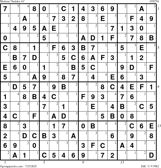 The grouppuzzles.com Medium Sudoku-16 puzzle for Friday July 25, 2025, suitable for printing, with all 5 steps marked