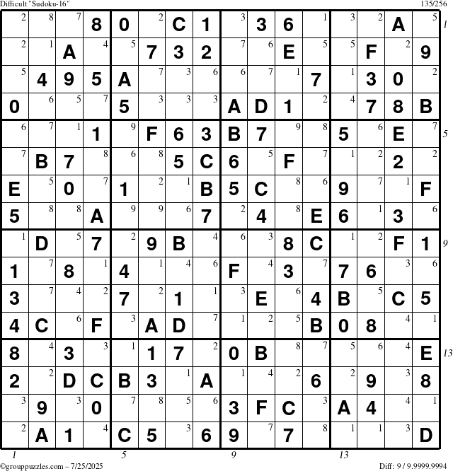 The grouppuzzles.com Difficult Sudoku-16 puzzle for Friday July 25, 2025 with all 9 steps marked