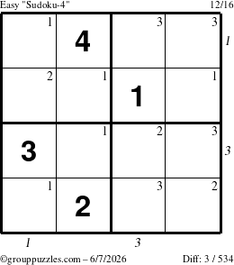 The grouppuzzles.com Easy Sudoku-4 puzzle for Sunday June 7, 2026, suitable for printing, with all 3 steps marked