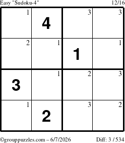 The grouppuzzles.com Easy Sudoku-4 puzzle for Sunday June 7, 2026 with the first 3 steps marked
