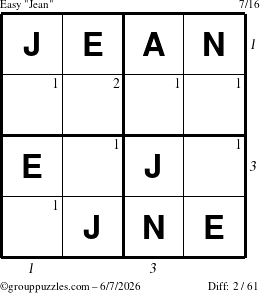 The grouppuzzles.com Easy Jean puzzle for Sunday June 7, 2026 with all 2 steps marked