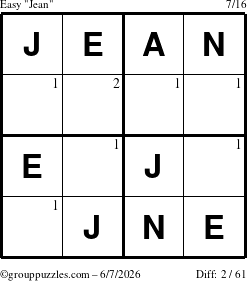 The grouppuzzles.com Easy Jean puzzle for Sunday June 7, 2026 with the first 2 steps marked