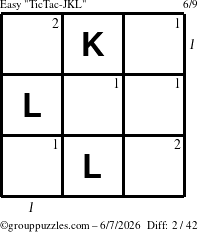 The grouppuzzles.com Easy TicTac-JKL puzzle for Sunday June 7, 2026 with all 2 steps marked