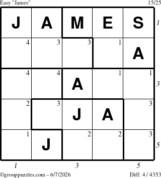 The grouppuzzles.com Easy James puzzle for Sunday June 7, 2026, suitable for printing, with all 4 steps marked