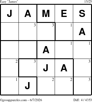 The grouppuzzles.com Easy James puzzle for Sunday June 7, 2026 with the first 3 steps marked
