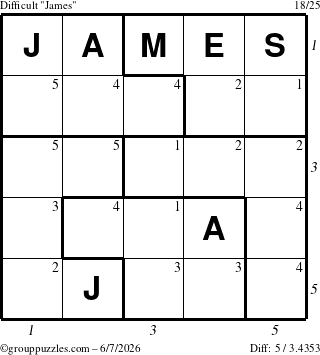 The grouppuzzles.com Difficult James puzzle for Sunday June 7, 2026, suitable for printing, with all 5 steps marked