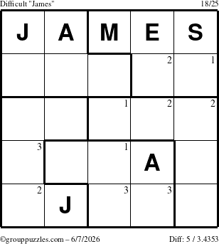 The grouppuzzles.com Difficult James puzzle for Sunday June 7, 2026 with the first 3 steps marked
