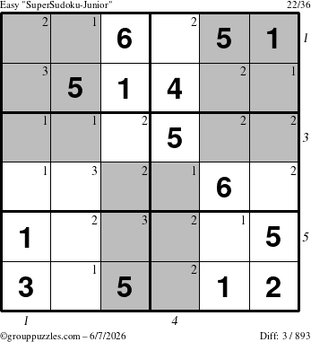 The grouppuzzles.com Easy SuperSudoku-Junior puzzle for Sunday June 7, 2026 with all 3 steps marked
