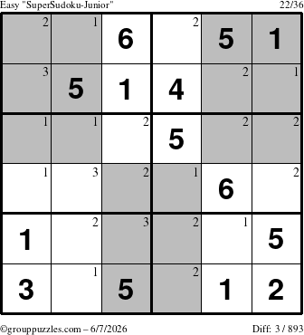 The grouppuzzles.com Easy SuperSudoku-Junior puzzle for Sunday June 7, 2026 with the first 3 steps marked