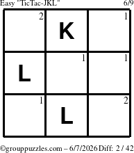 The grouppuzzles.com Easy TicTac-JKL puzzle for Sunday June 7, 2026 with the first 2 steps marked