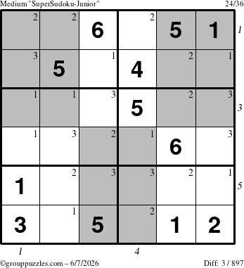 The grouppuzzles.com Medium SuperSudoku-Junior puzzle for Sunday June 7, 2026, suitable for printing, with all 3 steps marked