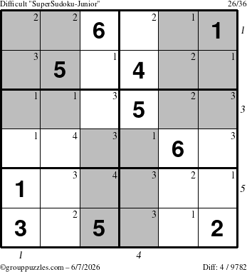 The grouppuzzles.com Difficult SuperSudoku-Junior puzzle for Sunday June 7, 2026 with all 4 steps marked