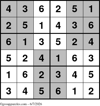 The grouppuzzles.com Answer grid for the SuperSudoku-Junior puzzle for Sunday June 7, 2026