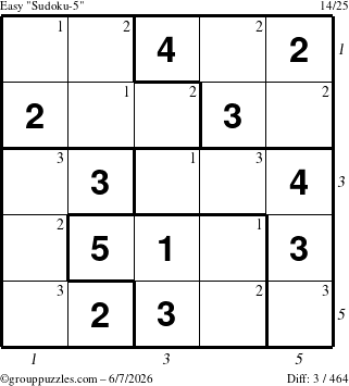 The grouppuzzles.com Easy Sudoku-5 puzzle for Sunday June 7, 2026, suitable for printing, with all 3 steps marked