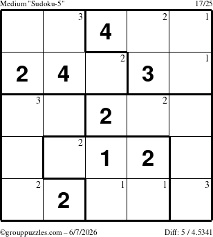 The grouppuzzles.com Medium Sudoku-5 puzzle for Sunday June 7, 2026 with the first 3 steps marked