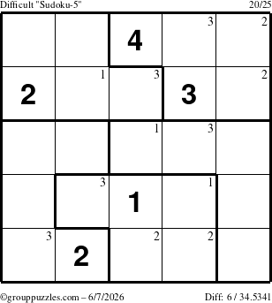 The grouppuzzles.com Difficult Sudoku-5 puzzle for Sunday June 7, 2026 with the first 3 steps marked