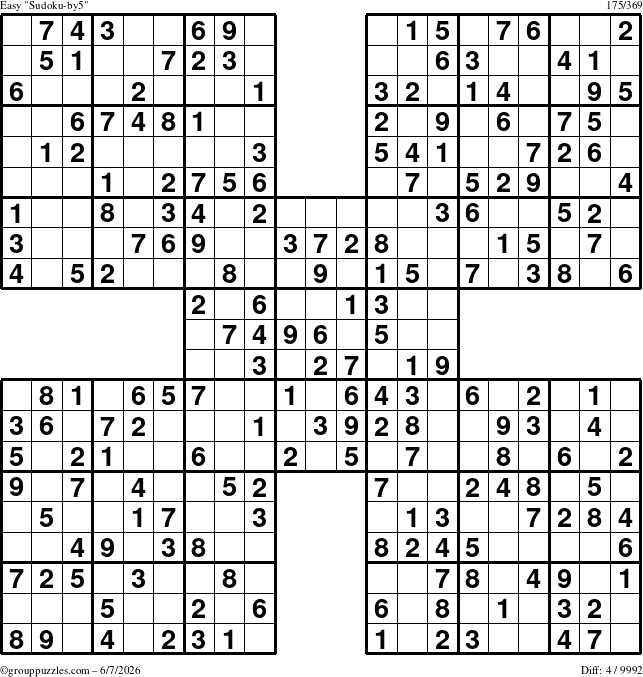 The grouppuzzles.com Easy Sudoku-by5 puzzle for Sunday June 7, 2026