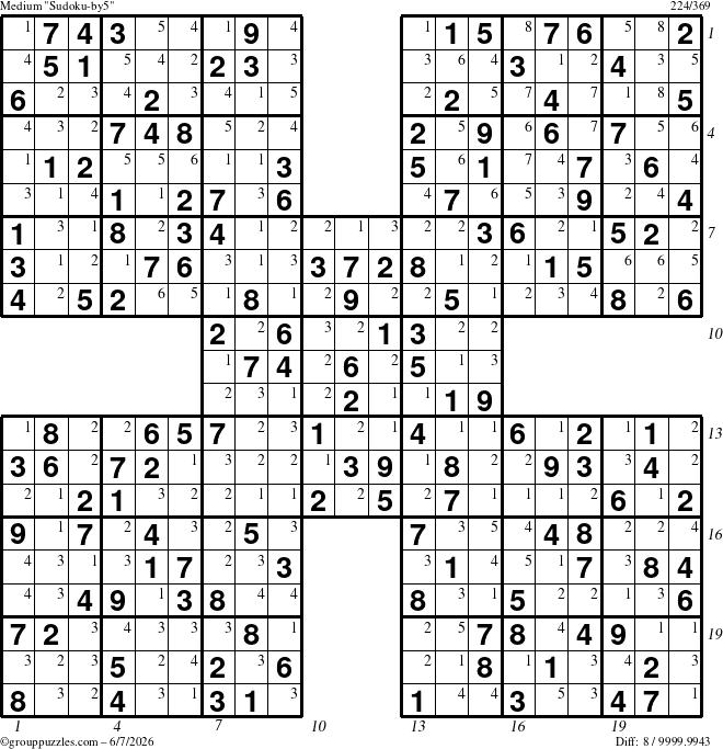 The grouppuzzles.com Medium Sudoku-by5 puzzle for Sunday June 7, 2026, suitable for printing, with all 8 steps marked