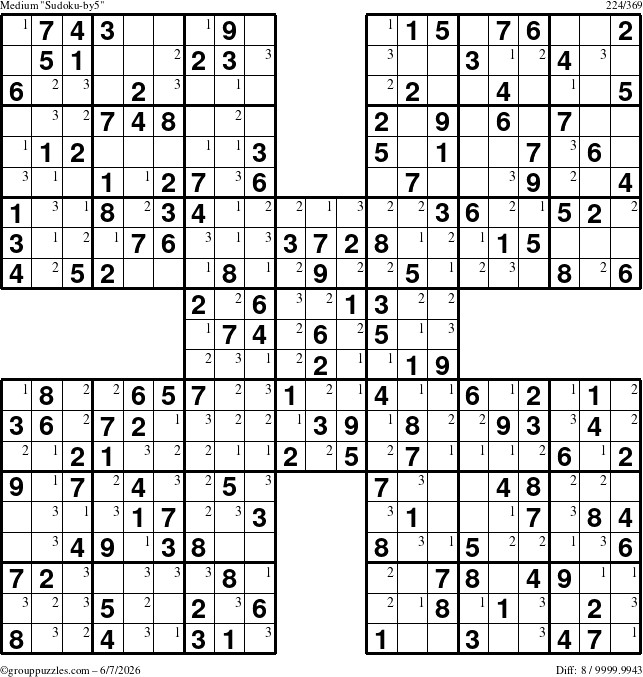 The grouppuzzles.com Medium Sudoku-by5 puzzle for Sunday June 7, 2026 with the first 3 steps marked