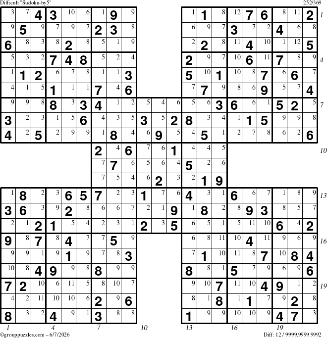 The grouppuzzles.com Difficult Sudoku-by5 puzzle for Sunday June 7, 2026 with all 12 steps marked